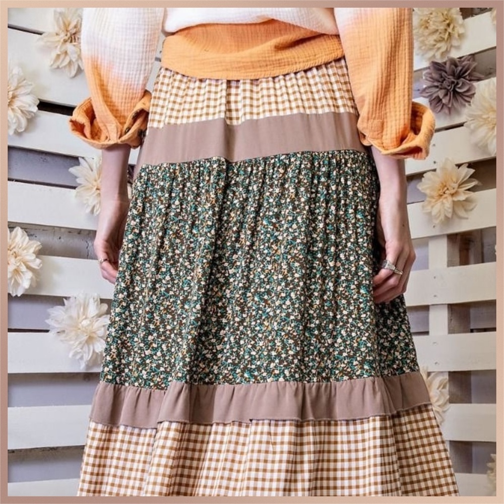 EASEL "Mix & Match" Gingham & Floral Print Ruffle Trim Tiered Maxi Skirt & Dress - Picture 13 of 16